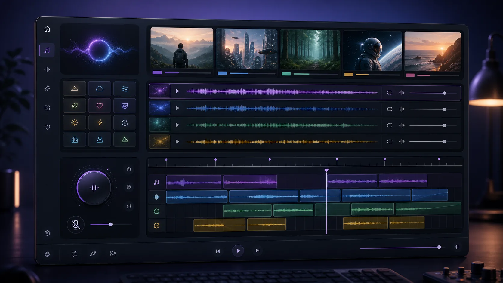 MusicAny AI background music generator with video scenes, mood tags, and ambient waveform layers