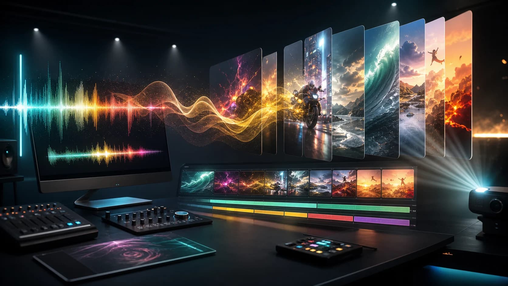 MusicAny AI music video generator workspace with audio waveforms becoming cinematic video panels
