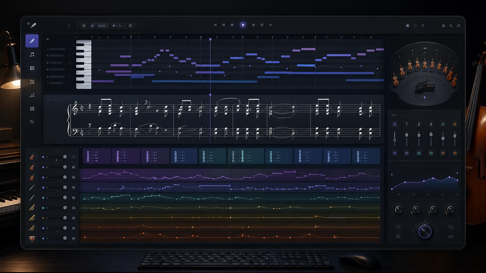 MusicAny AI sheet music generator concept with piano roll, notation, and melody prompt cards