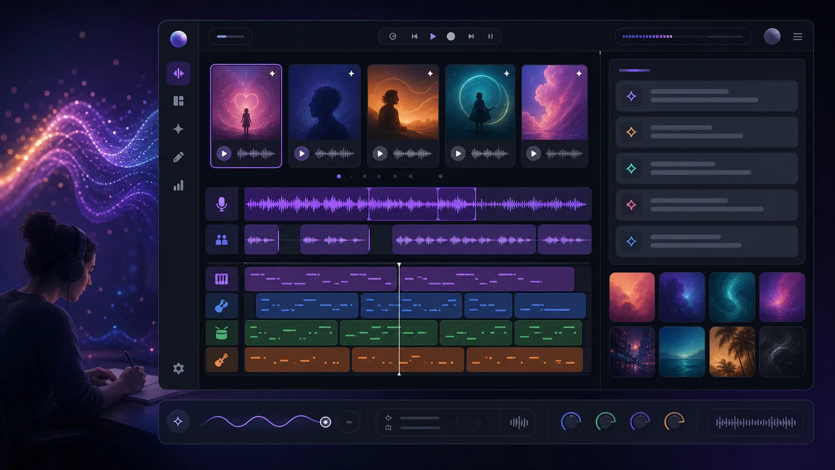 MusicAny AI song maker with hook ideas, lyric blocks, and vocal waveform tracks