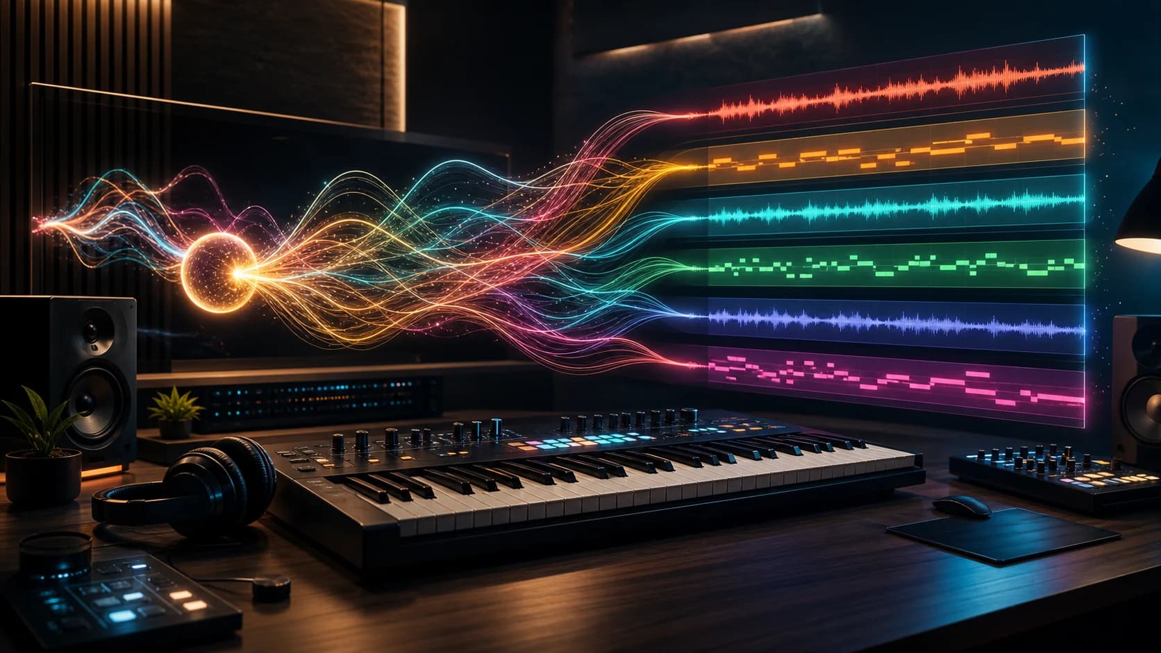 MusicAny free AI music generator workspace with waveforms, prompt cards, and song layers