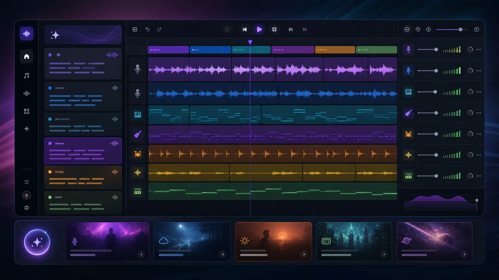 MusicAny free AI song generator showing lyrics, vocals, and song arrangement lanes